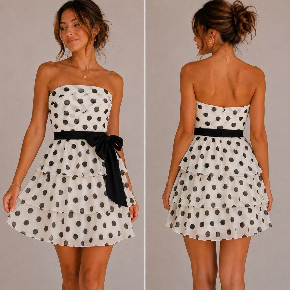 White House Black Market Polka Dot Strapless Dress Womens 8 Tiered Ruffle